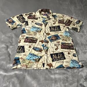 Dem Crazy Shirt Mens Large Cream All Over Print Button‎ Up Short Sleeves Casual